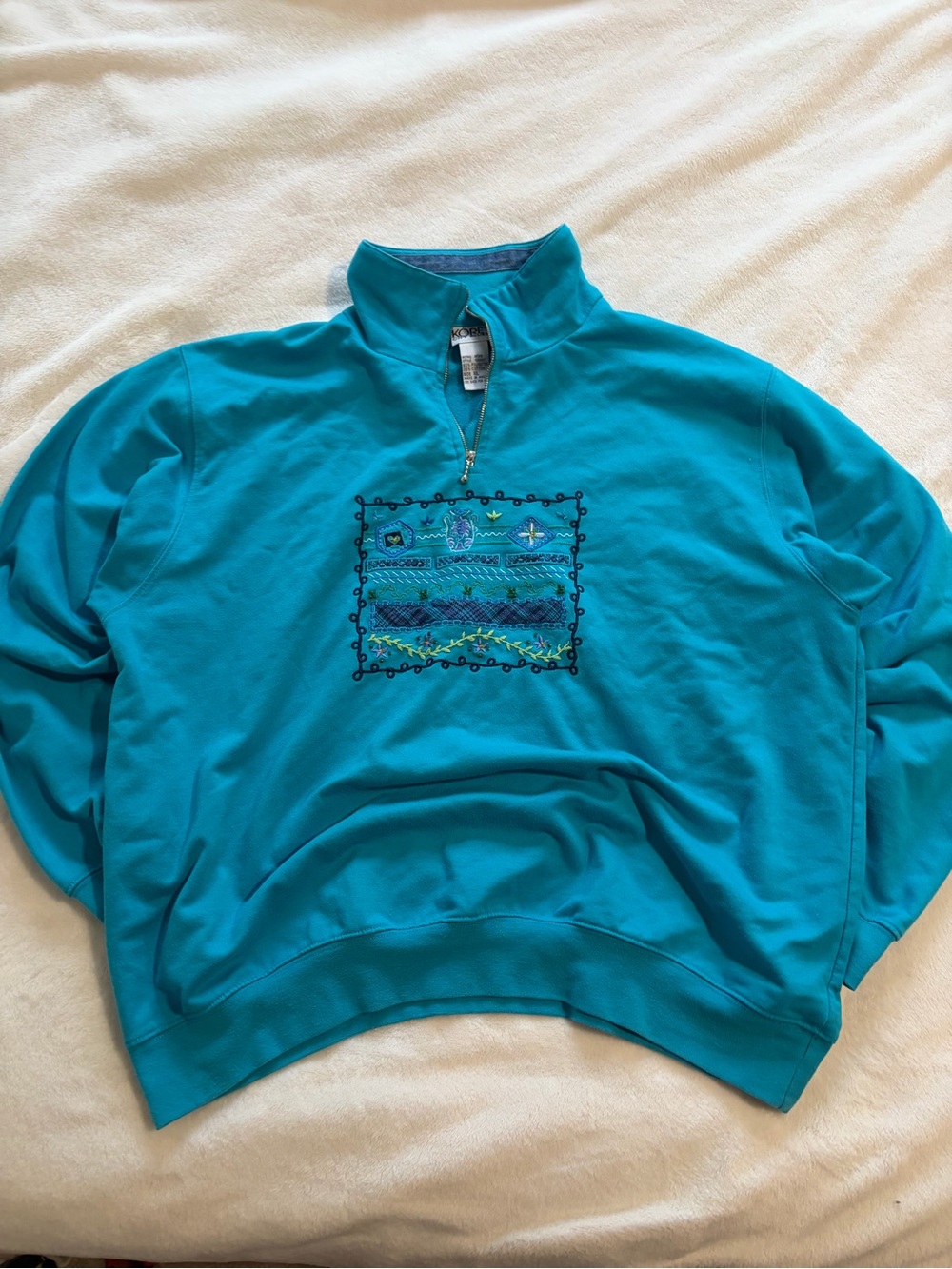Koret Teal Zip-Up Sweater with Embroidered Chest Panel